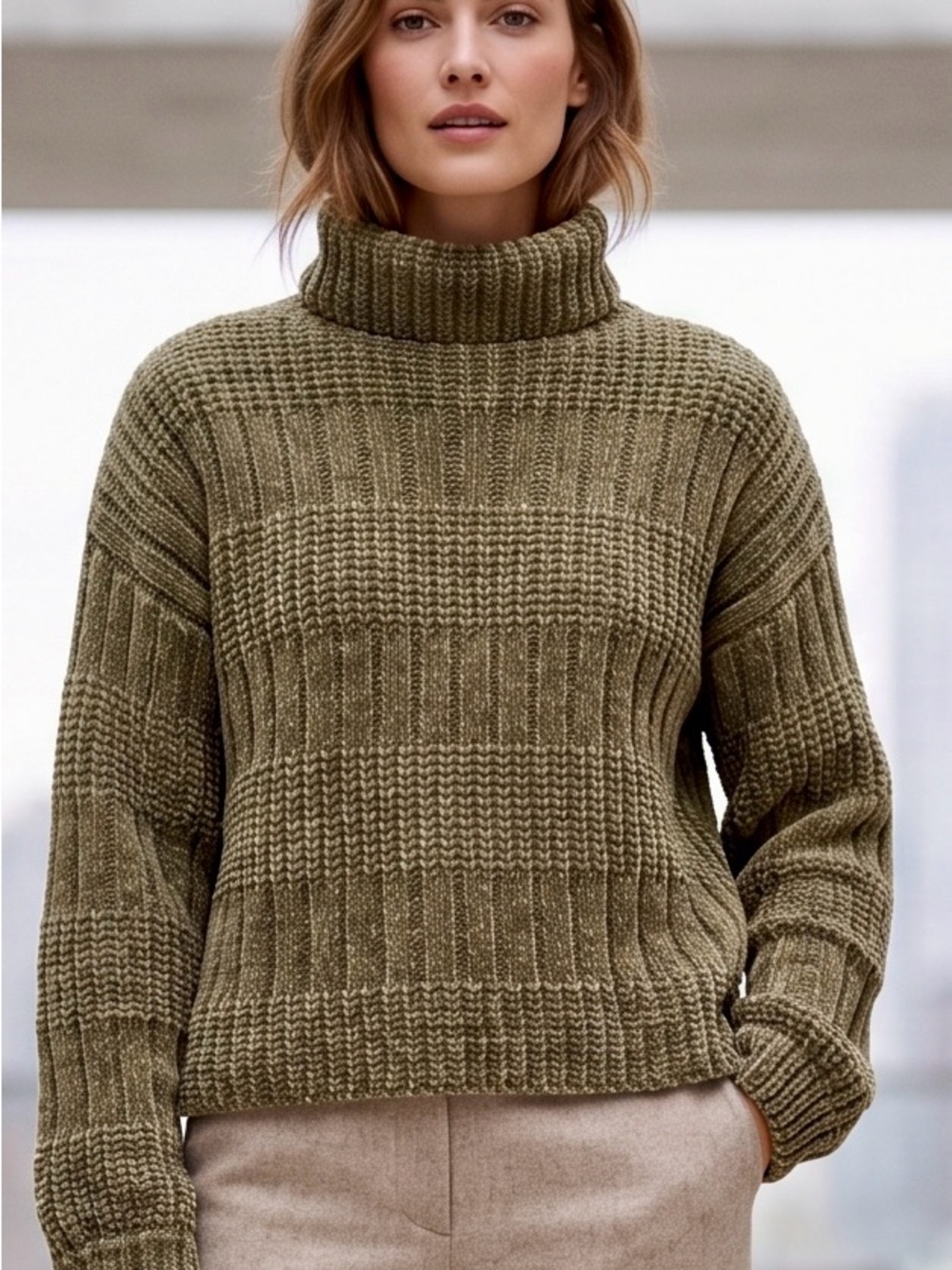 NWOT Olive Green Chenille Ribbed Turtleneck Sweater